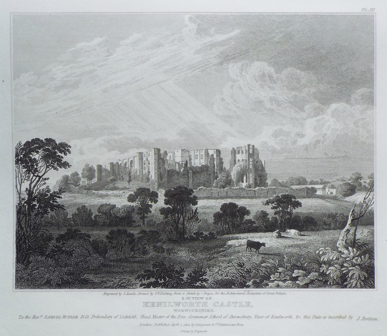 Print - S. W. View of Kenilworth Castle, Warwickshire. - Rawle