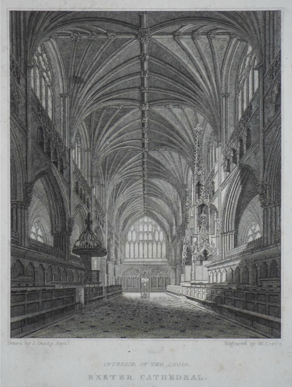 Print - Interior of the Choir, Exeter Cathedral. - Deeble