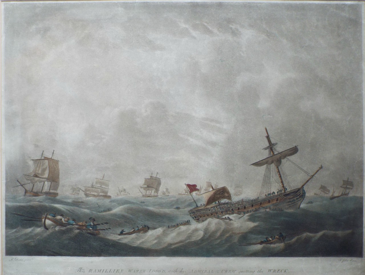 Aquatint - The Ramillies Water Logged, with her Admiral & Crew quitting the Wreck. - Jukes