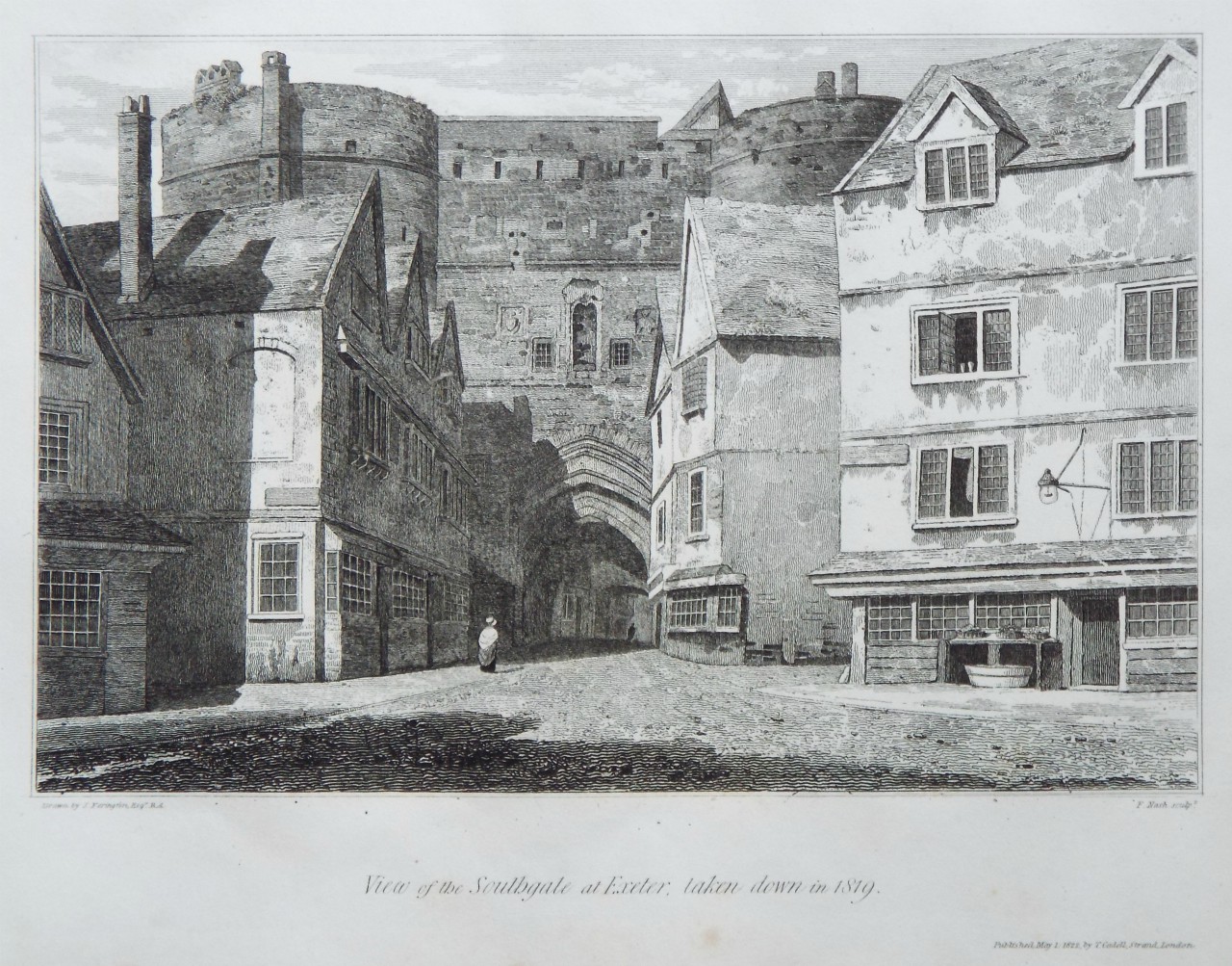 Print - View of the Southgate at Exeter, taken down in 1819. - Nash