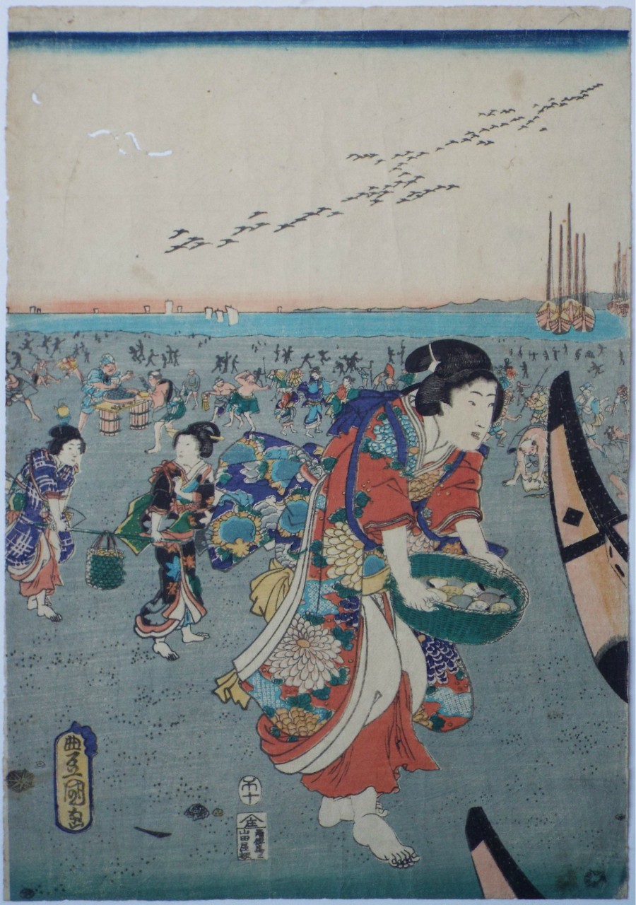 Ukiyo-e - Townspeople gathering shells at low tide