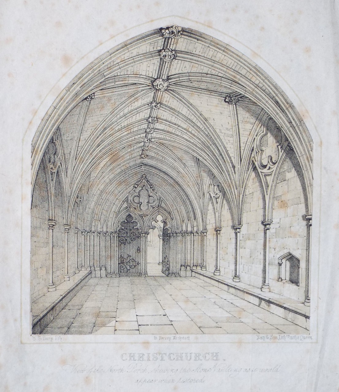 Lithograph - Christchurch. View of the North Porch, shewing the Stone Vaulting as it would appear when restored. - Bury