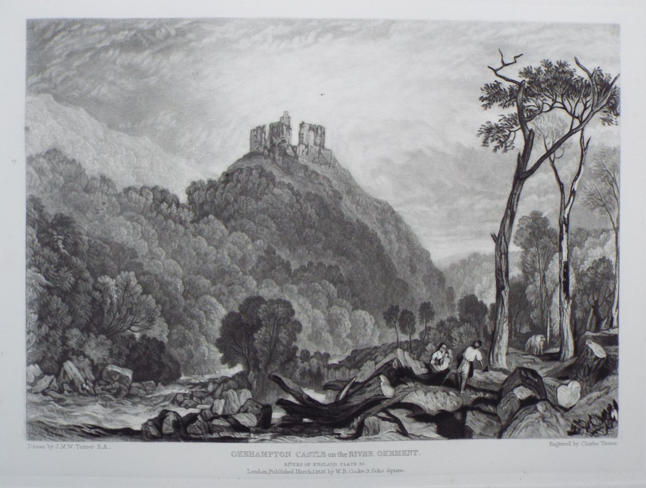 Mezzotint - Okehampton Castle on the River Okement. - Turner