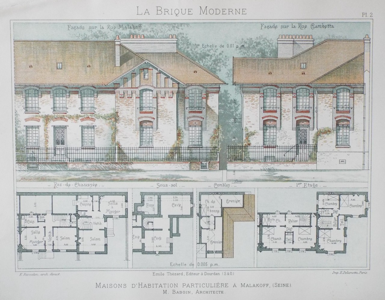 Chromo-lithograph - Maisons d'Habitation Particuliere a Malakoff, (Seine). M. Babouin, Architecte.