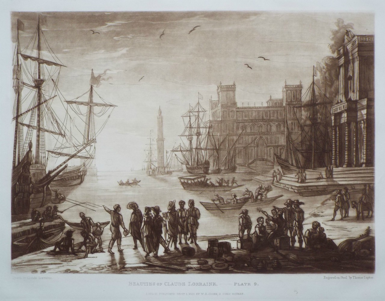 Mezzotint - Beauties of Claude Lorrain. - Plate 9. (Harbour with Villa Medici) - Lupton