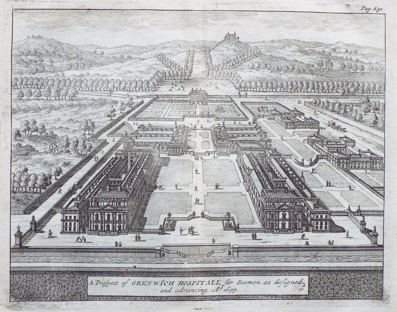 Print - A Prospect of Greenwich Hospital for seamen as designed and advancing, Ao. 1699.
