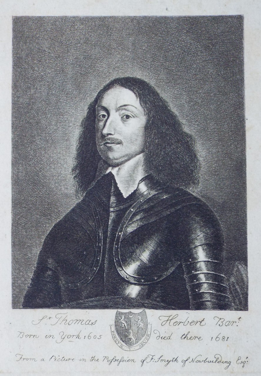 Etching - Sr. Thomas Herbert Bart: Born in York 1605 died there 1681 - Halfpenny