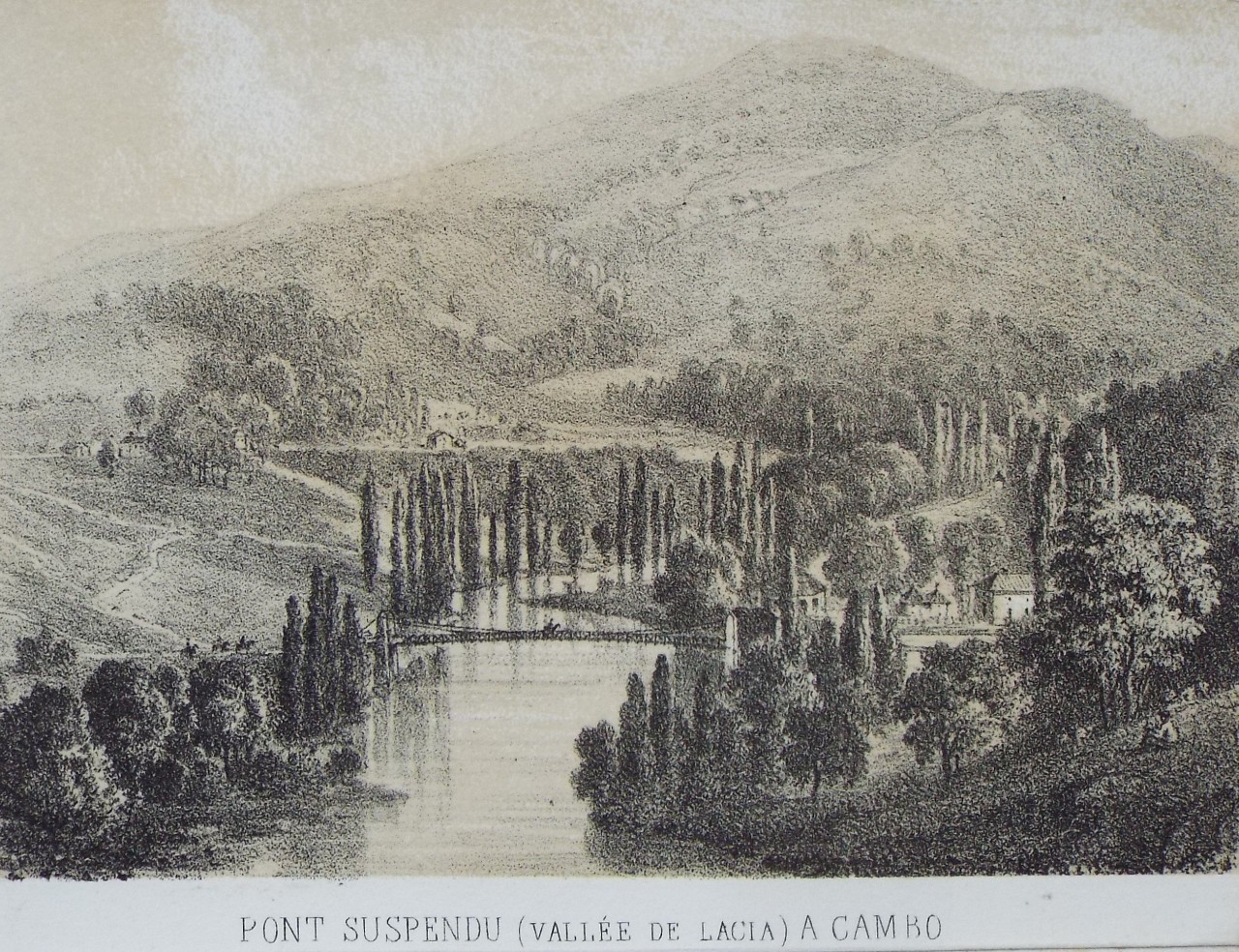 Lithograph - Pont Suspendu (Valle de Lacia) a Cambo