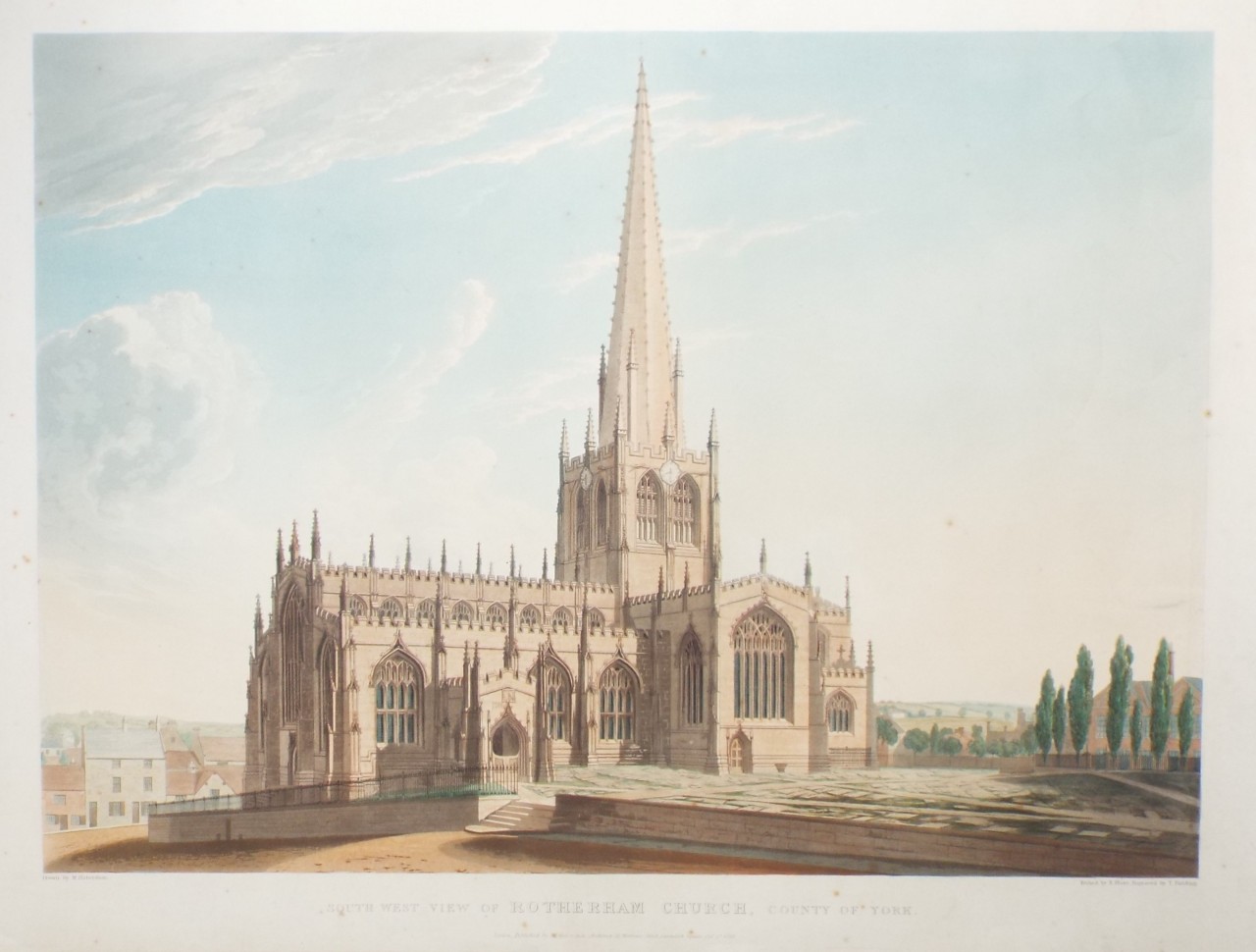 Aquatint - South West View Of Rotherham Church, Yorkshire. - Blore