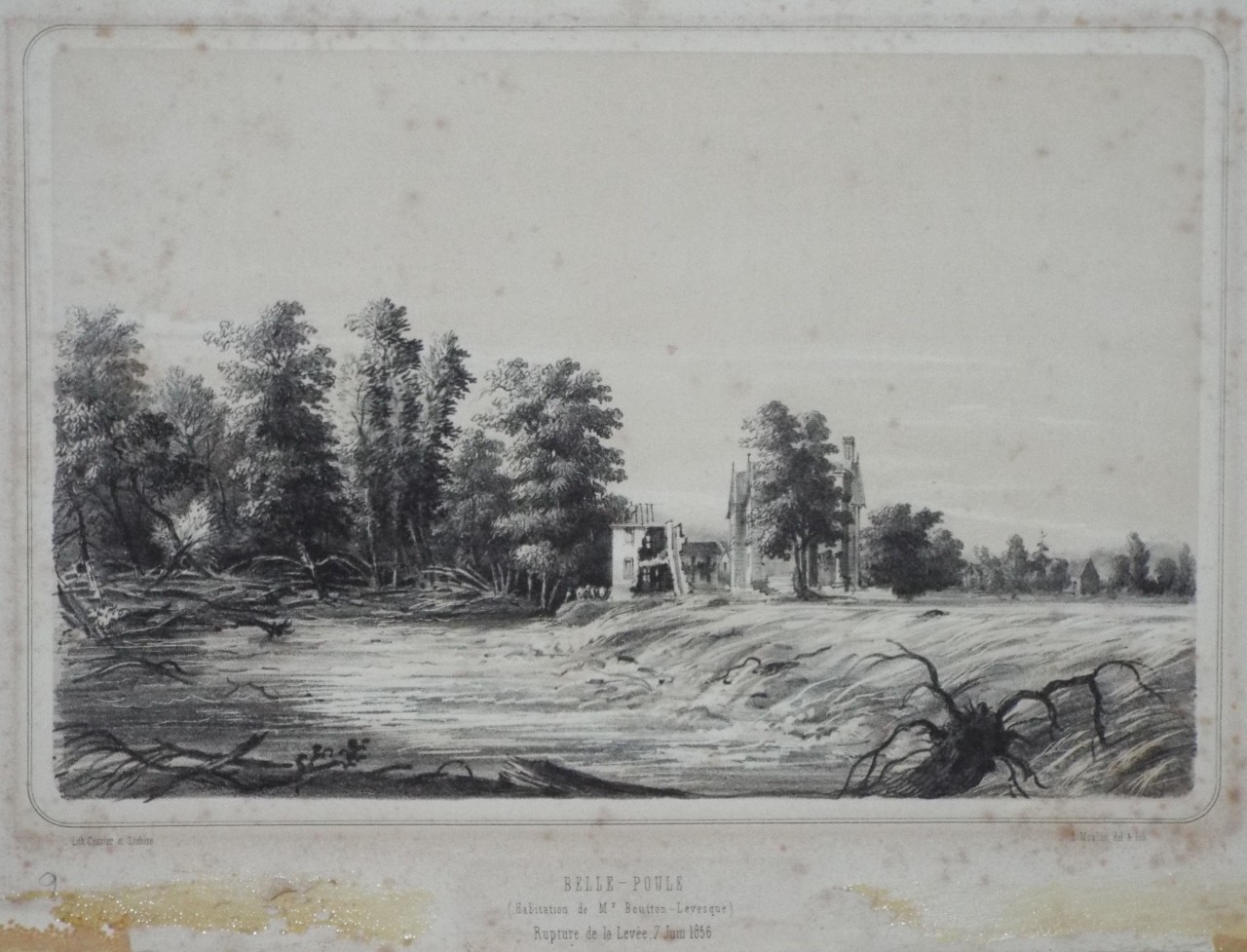 Lithograph - Belle-Poule (Habitation de Mr. Boutton-Levesque) Rupture de la Levvee, 7 Juin 1856. - Moullin