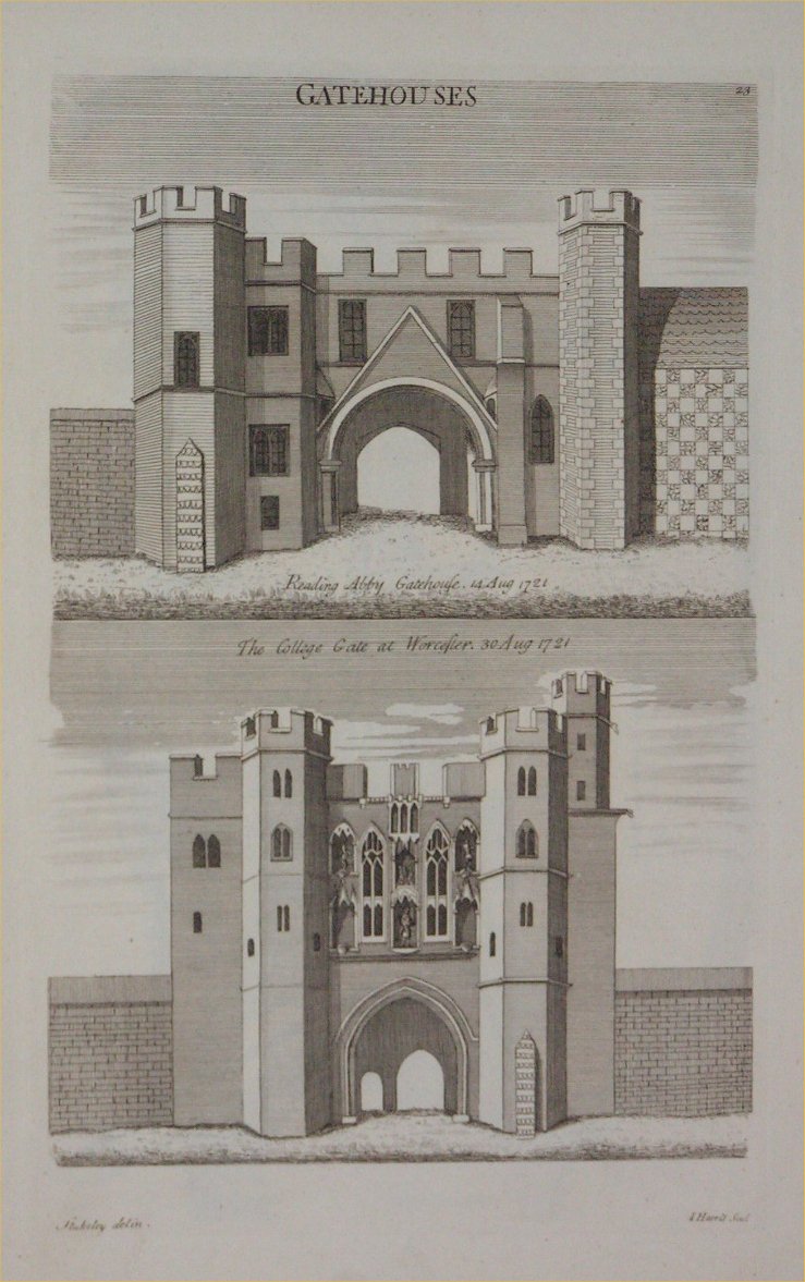 Print - Gatehouses. Reading Abby Gatehouse 14 Aug 1721. The College Gate at Worcester 30 Aug 1721 - Harris