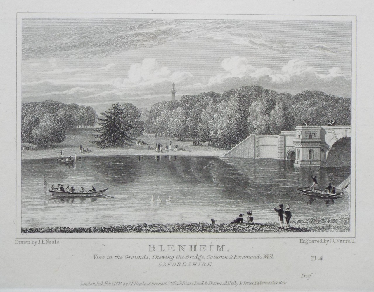 Print - Blenheim, View in the Grounds, Shewing the Bridge, Column & Rosamonds Well Oxfordshire. - Varrall