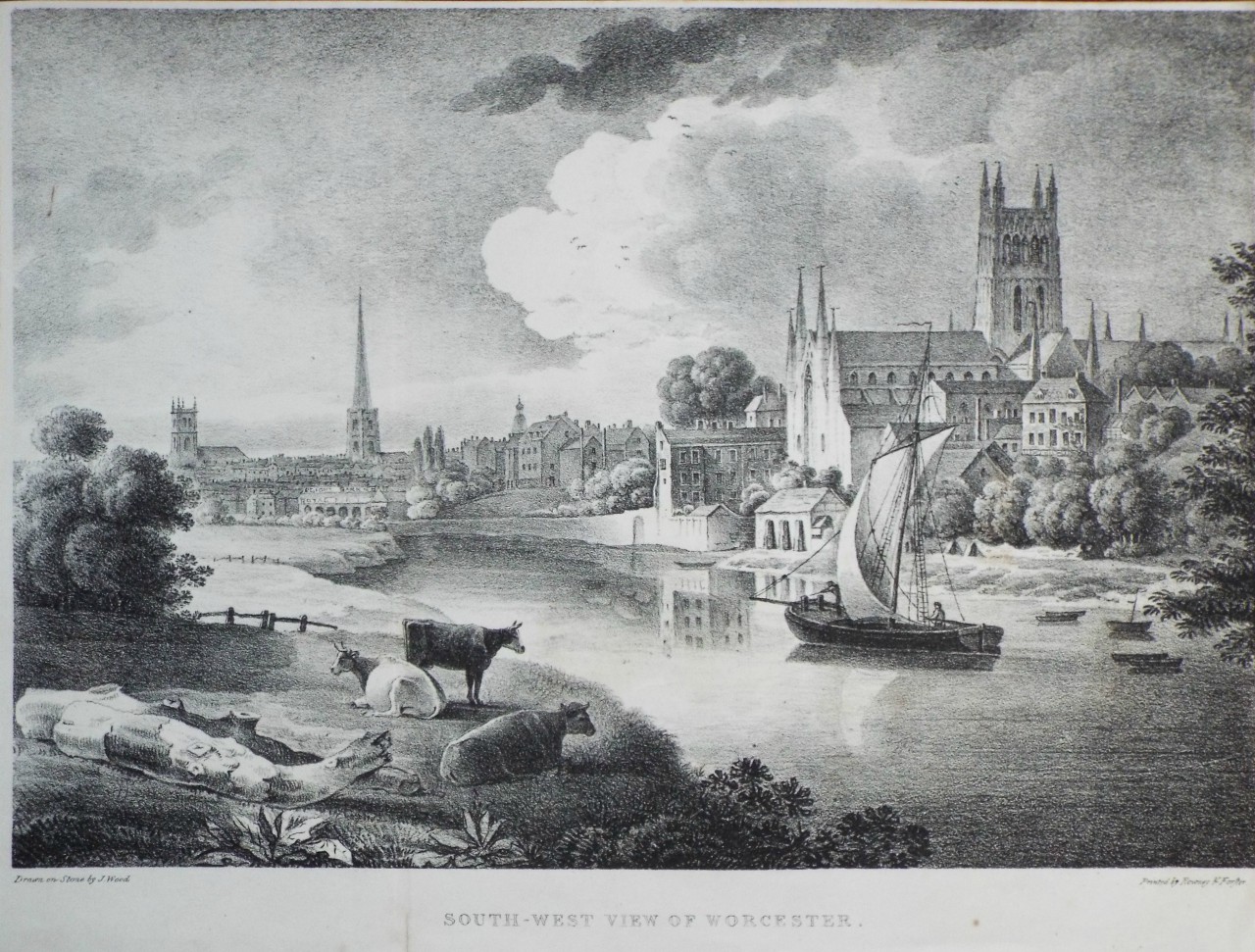 Lithograph - South-West View of Worcester. - Wood