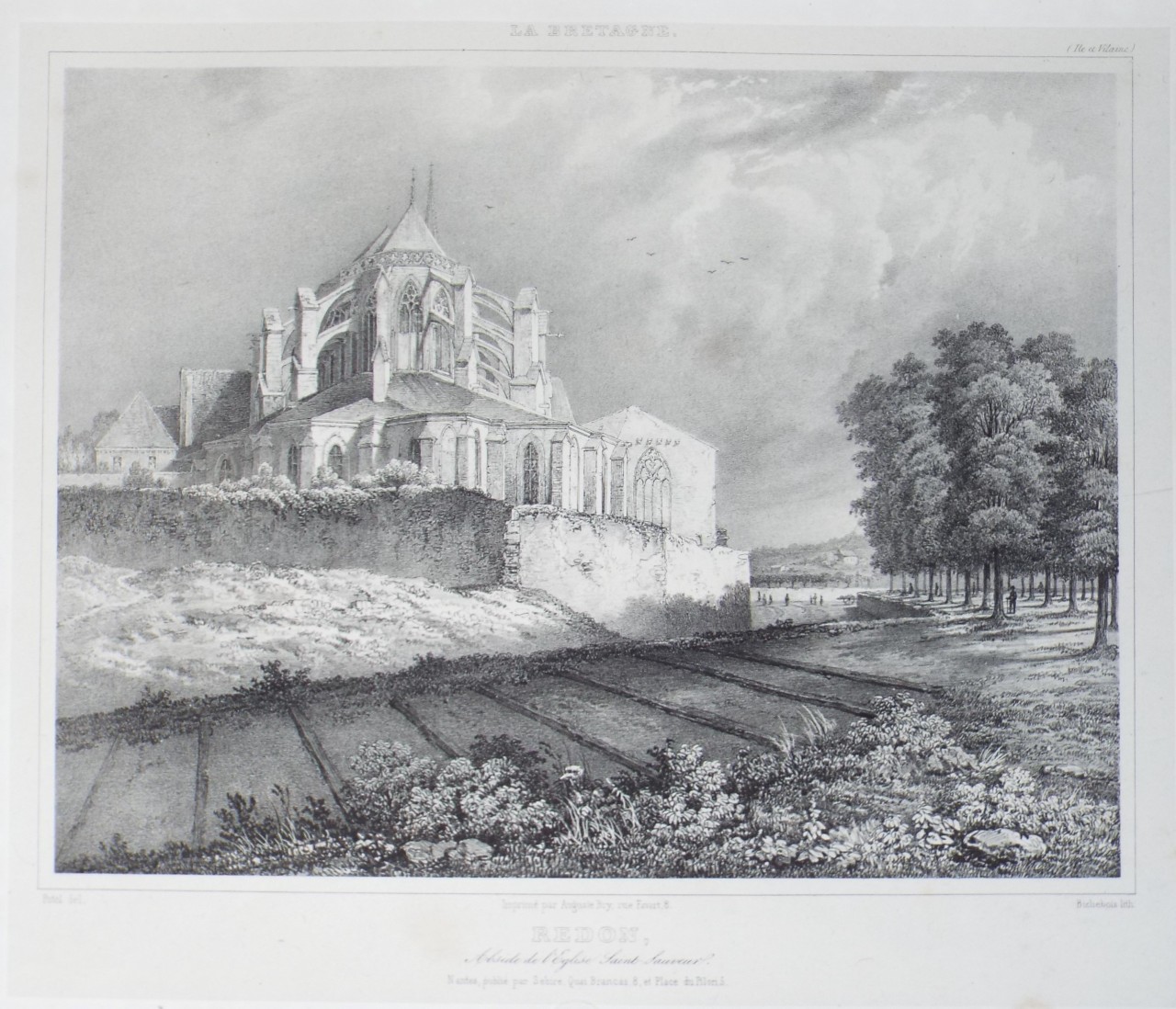 Lithograph - Redon, L'Abside de l'Eglise Saint-Sauveur.