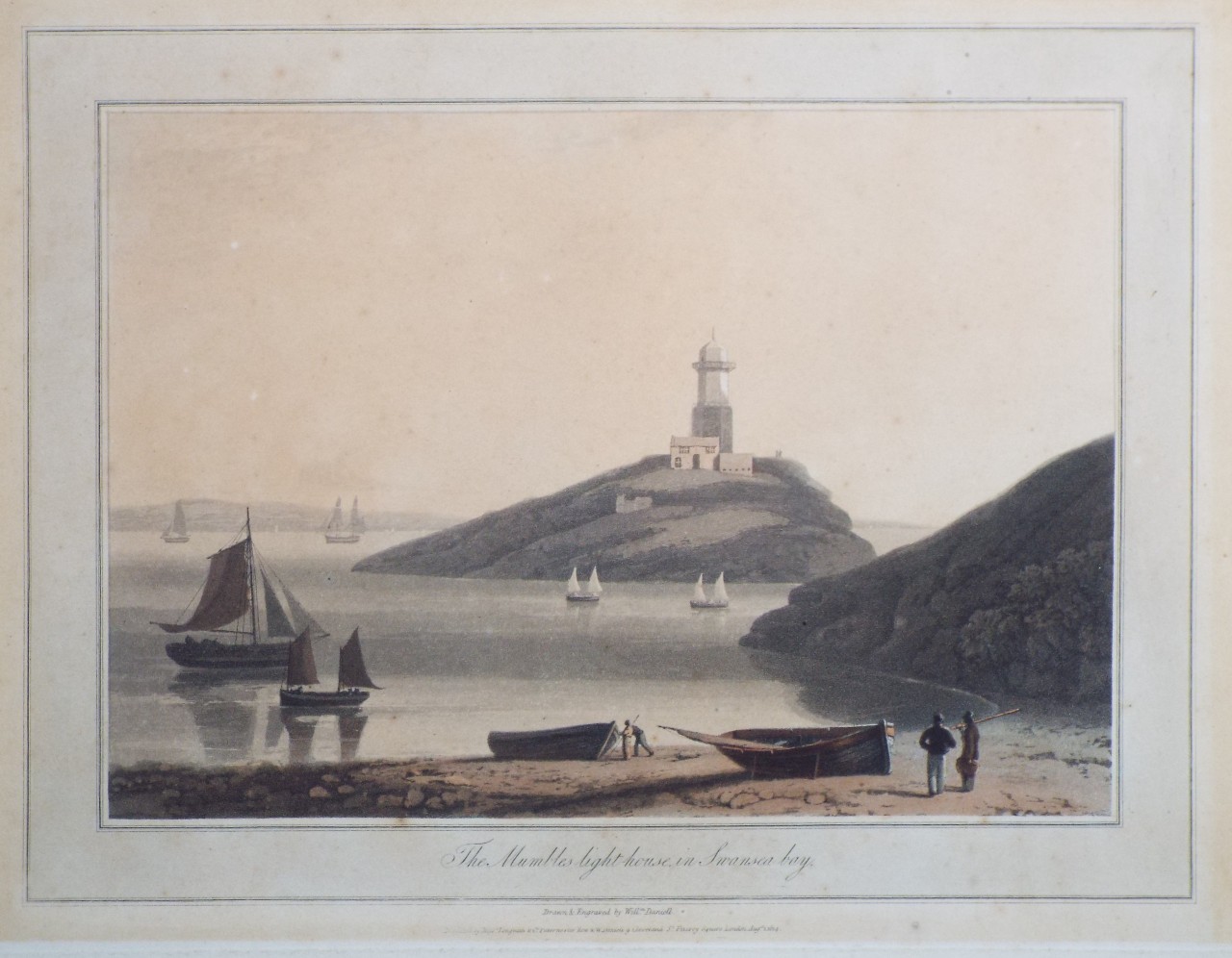 Aquatint - The Mumbles light-house in Swansea bay. - Daniell