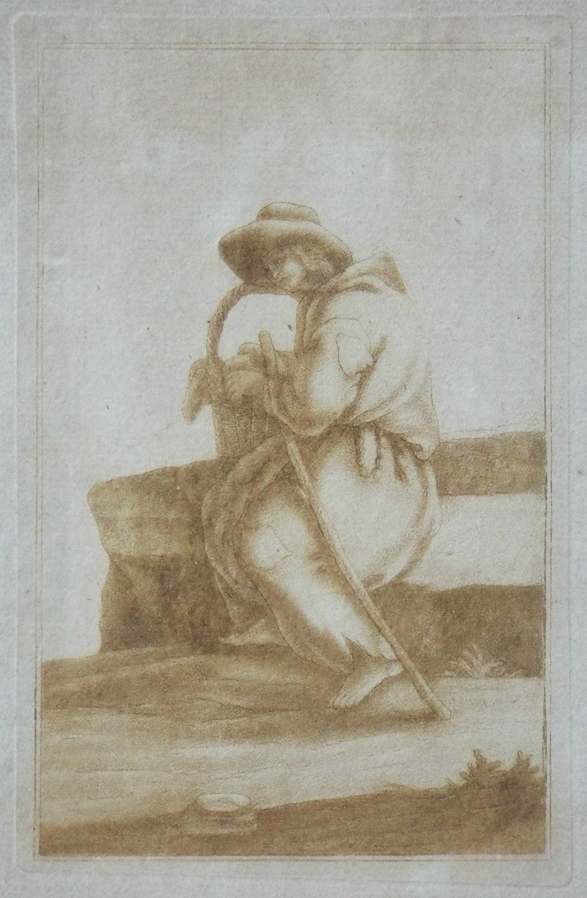 Mezzotint - Seated figure with a basket and stick