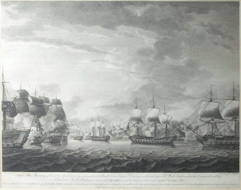 Print - Plate I. The Morning of the 12th April 1782, Representing that Gallant Scene between Dominica and Guadeloupe in the West Indies, where The Commander in Chief, Admiral Lord Rodney (to whom this plate is most humbly dedicated) is forcing the Enemy's Line. - Chesham