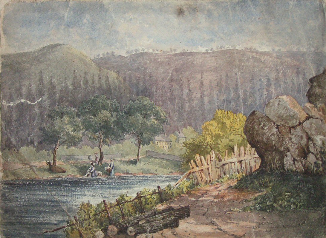 Watercolour - Riverside landscape with high hills