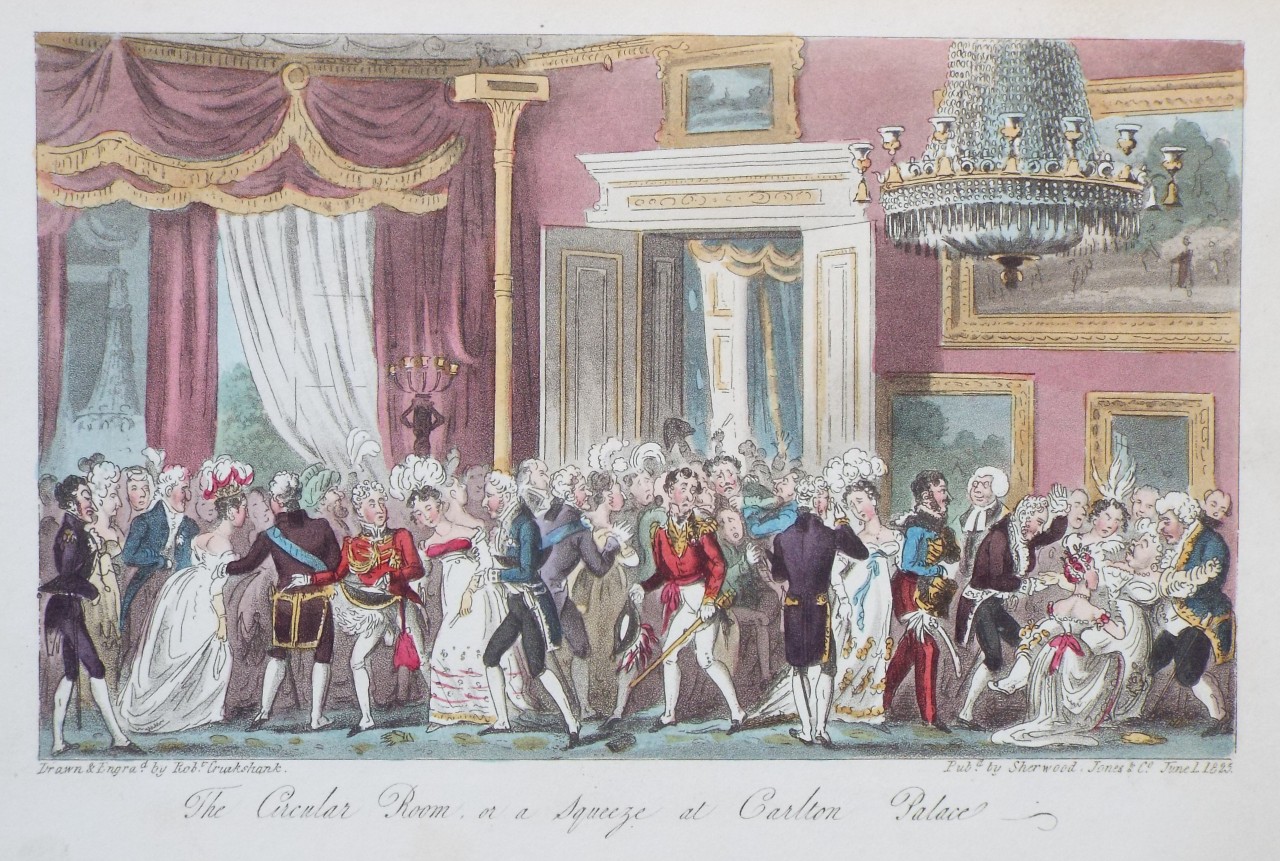 Aquatint - The Circular Room, or a Squeeze at Carlton Palace. - Cruikshank
