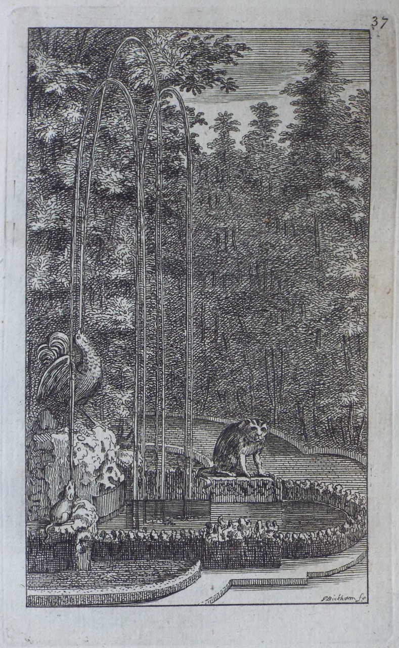 Print - The Mouse, the Cat and the Little Cock Fountain in the Labyrinth of Versailles - Bickham