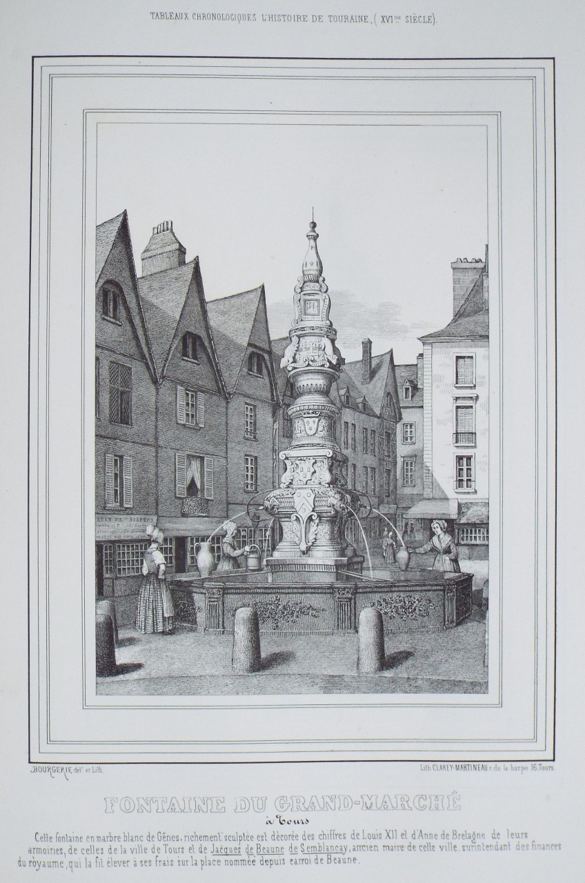 Lithograph - Fontaine du Grand Marche a Tours