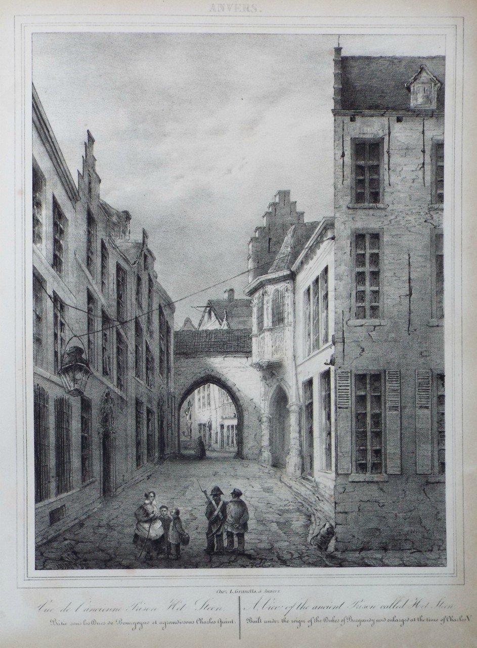 Lithograph - Vue de l'ancienne Prison Het Steen. View of the ancient Prison called Het Steen.