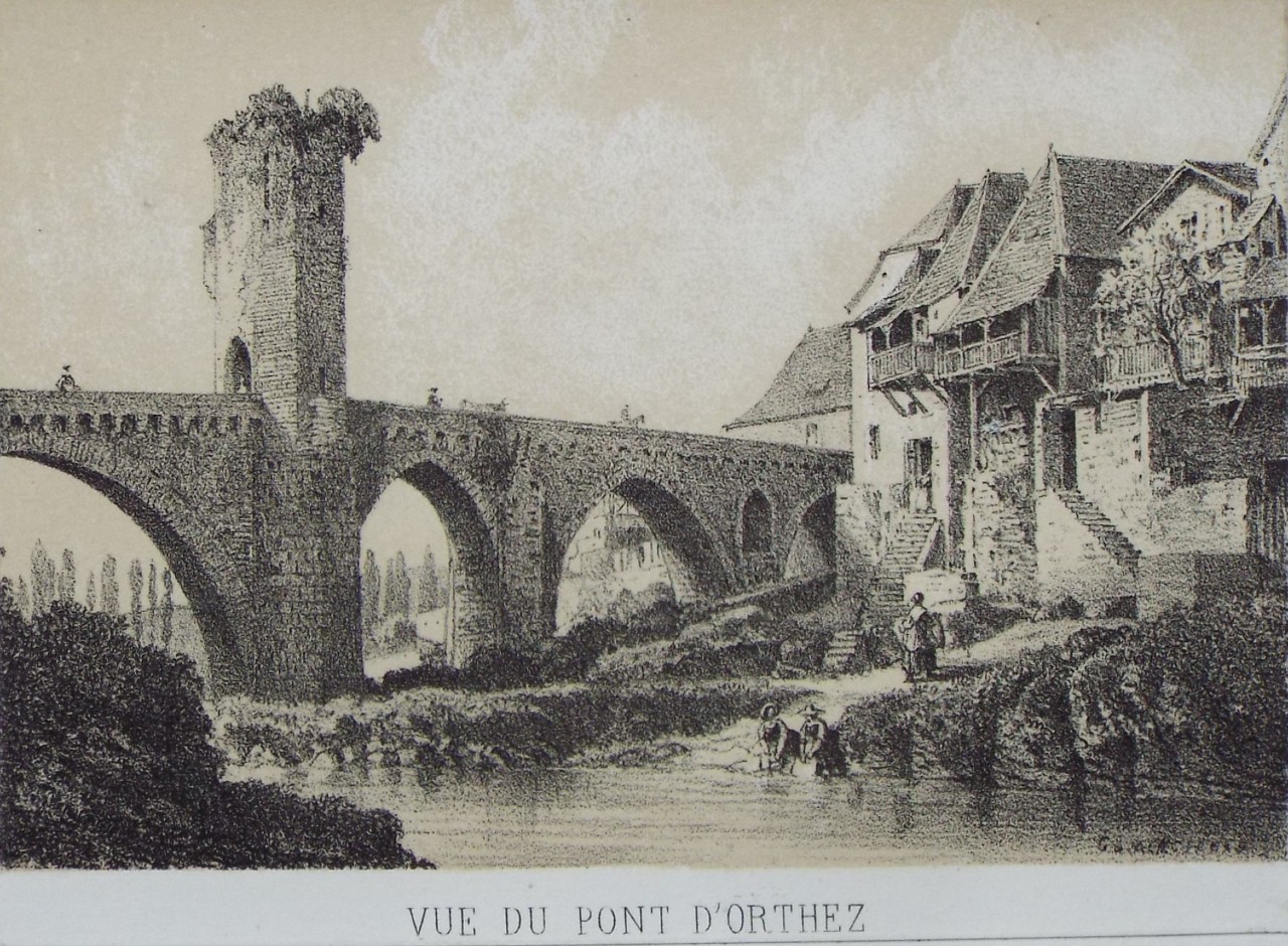 Lithograph - Vue du Pont d'Orthez