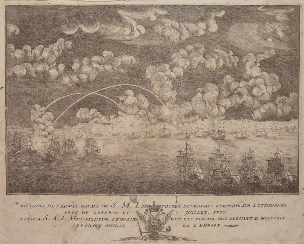 Print - Victoire de l'Armee Navale de S.M.I. de toutes les Russies remportesur l'Ottomanne pres de Laberno le 7 Juillet 1770