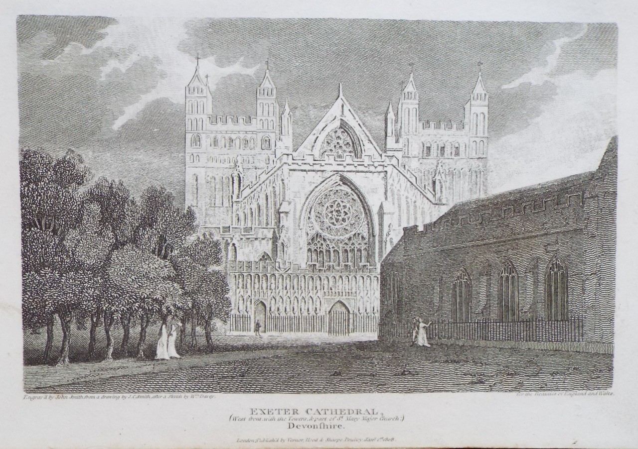 Print - Exeter Cathedral, (West front with the Towers & part of St. Mary Major Church:) Devonshire. - Smith
