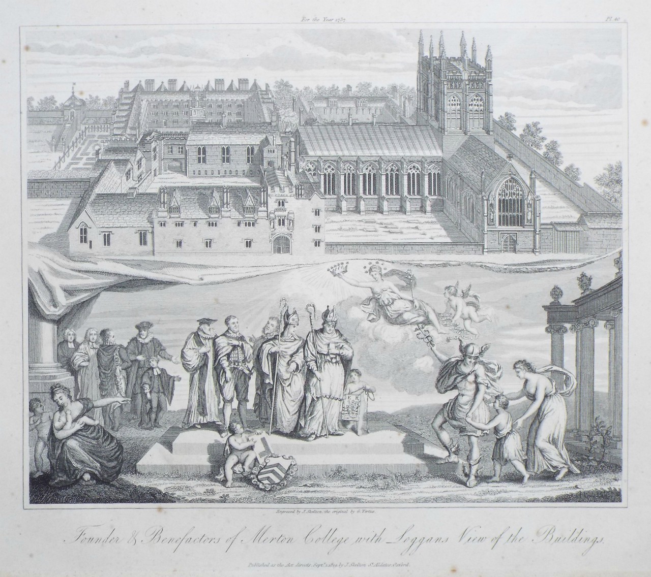 Print - Founder & Benefactors of Merton College, with Loggan's View of the Buildings.Merton Oxford - Skelton