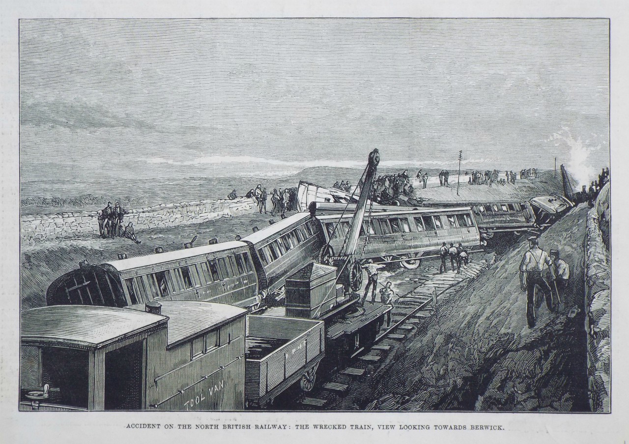 Print - Accident of the North British Railway: The Wrecked Train, view looking towards Berwick.