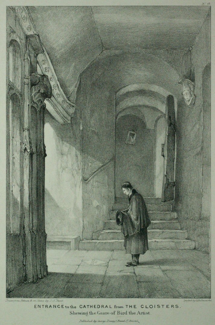 Lithograph - Entrance to the Cathedral from the Cloisters. Shewing the Grave of Bird the Artist - Prout