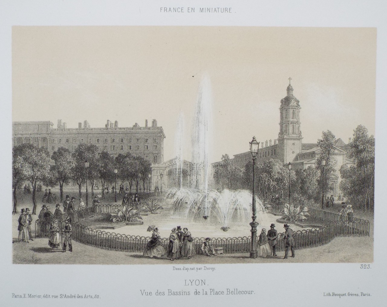 Lithograph - Lyon. Vue de Bassins de la Place Bellecour. - 