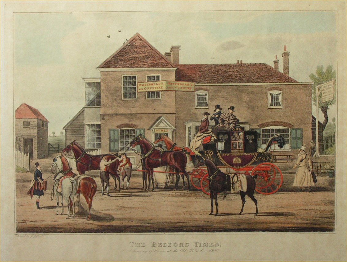 Aquatint - The Bedford Times. Changing of Horses at the Old White Hart Inn 1830