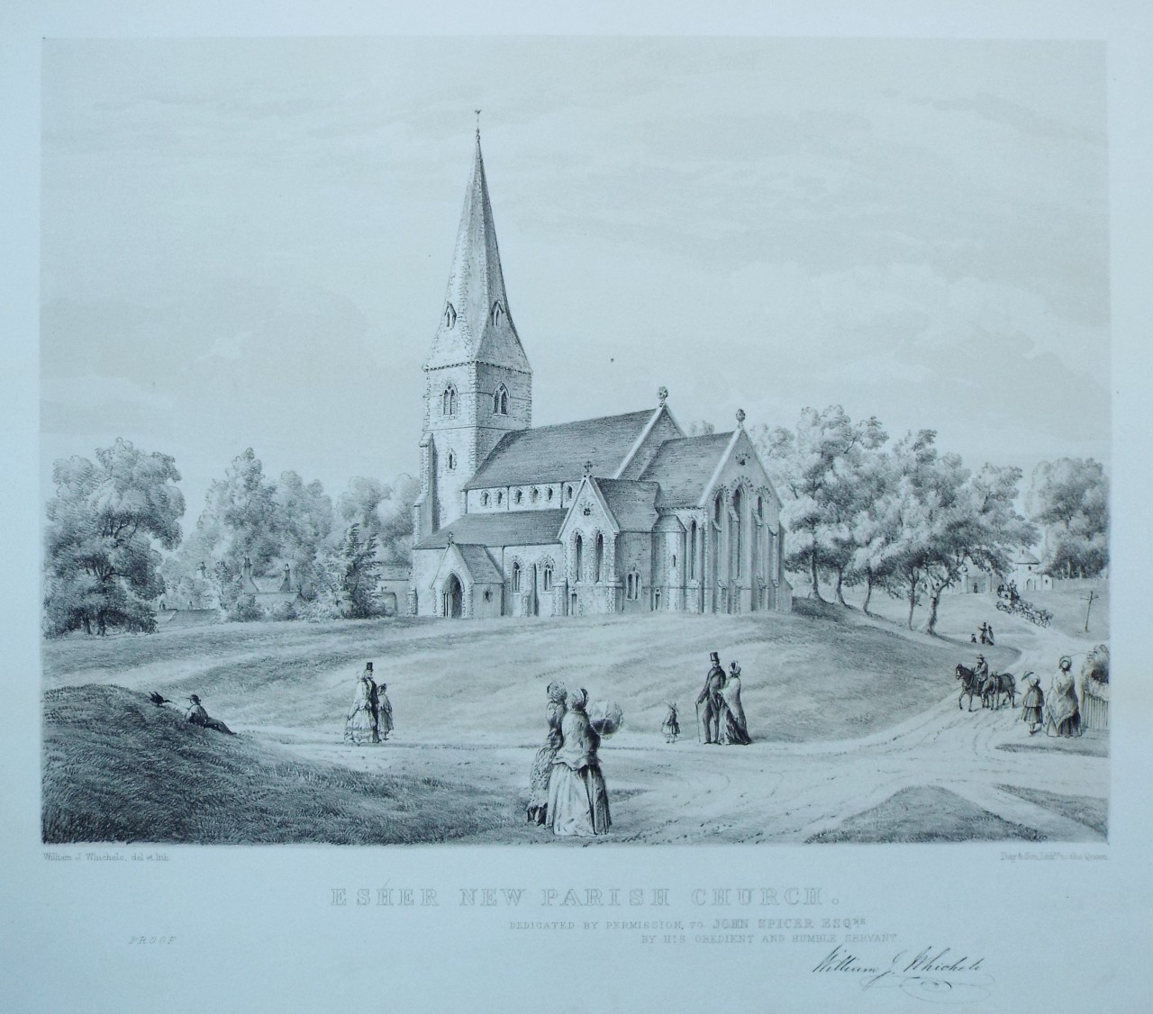 Lithograph - Esher New Parish Church. Dedicated by Permission to John Spicer Esqre. by his Obedient and Humble Servant William J. Whichelo - Whichelo