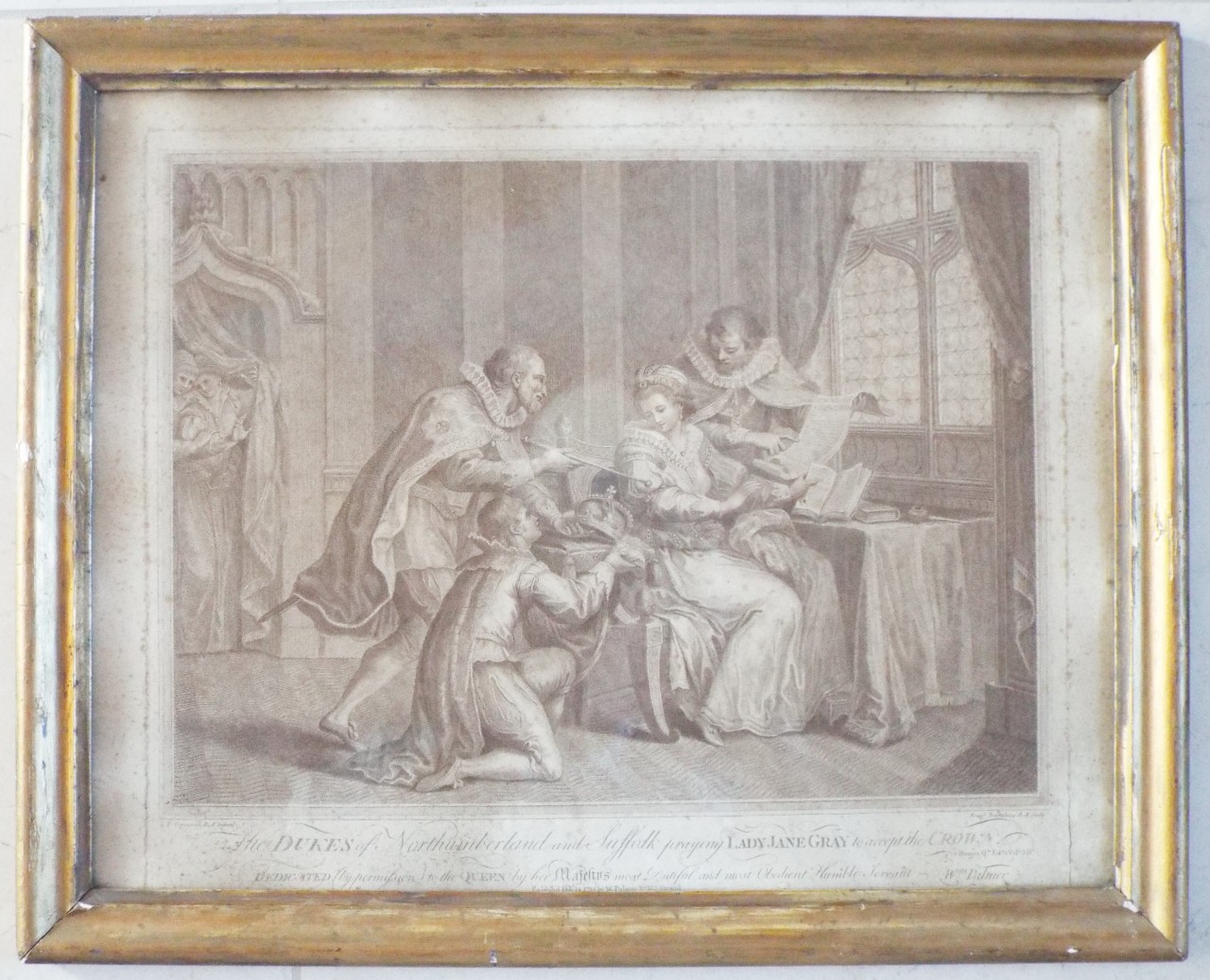 Stipple - The Dukes of Northumberland and Suffolk preparing Lady Jane Gray to accept the Crown. - Bartolozzi