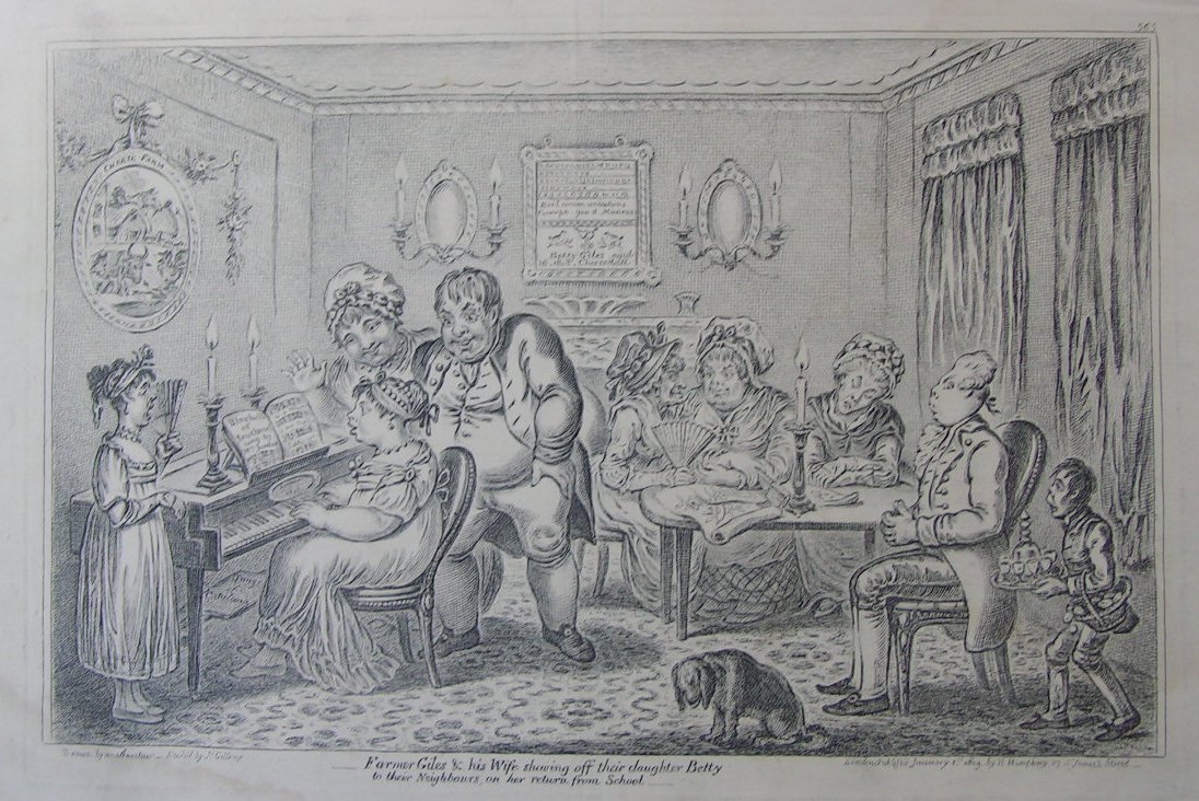 Etching - Farmer Giles & His Wife shewing off their daughter Betty to their Neighbours on her return from School - Gillray