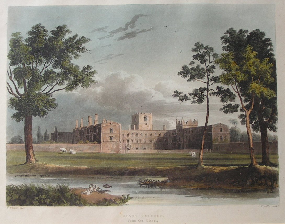 Aquatint - Jesus College from the Close - Stadler