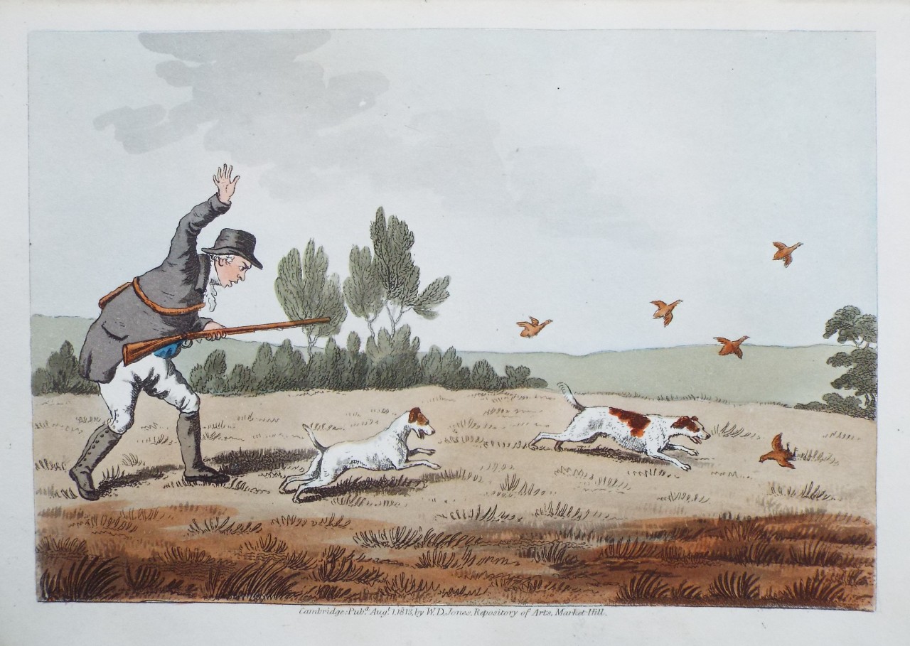 Aquatint - Sportsman watching dog pursuing hare; birds disappearing. - Woodman