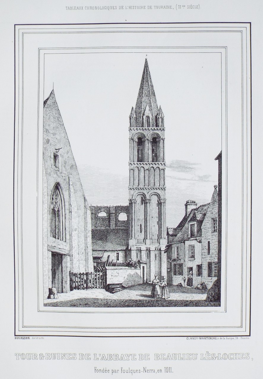 Lithograph - Tour & Ruines de l'Abbaye de Beaulieu les-Loches.