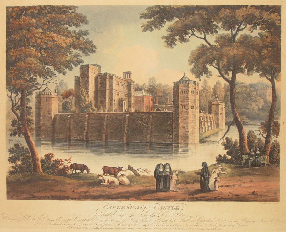 Aquatint - Caverswall Castle Situated near the Staffordshire Potteries. Erected by William de Carewall, or de Caverswall, in the Reign of King John. Rebuilt by Matthew Craydock Esq. in the Reign of James the First. The Architect being the famous Inigo Jones. It is at present occupied by a Community of Benedictine Nuns, formerly of Ghent. - Sutherland