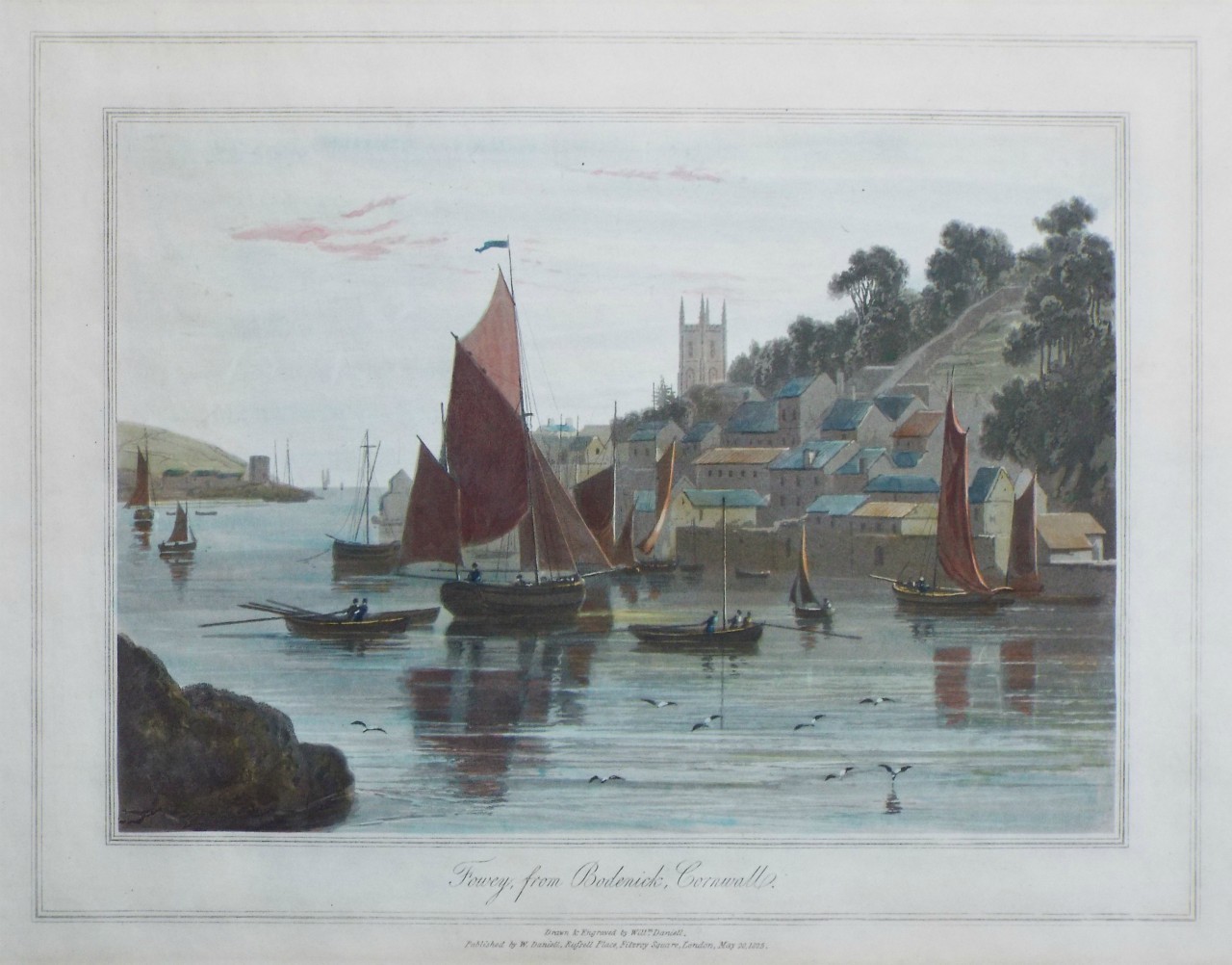 Aquatint - Fowey, from Bodenick, Cornwall. - Daniell