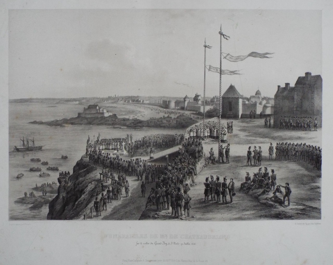 Lithograph - Funerailles de Mr. De Chateaubriand Sur le rocher Grand Bey, a St. Malo (19 Juillet, 1848) - Cuvillier