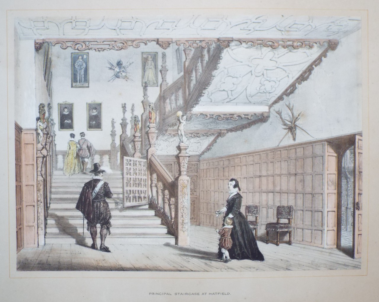 Lithograph - Principal Staircase at Hatfield. - Nash