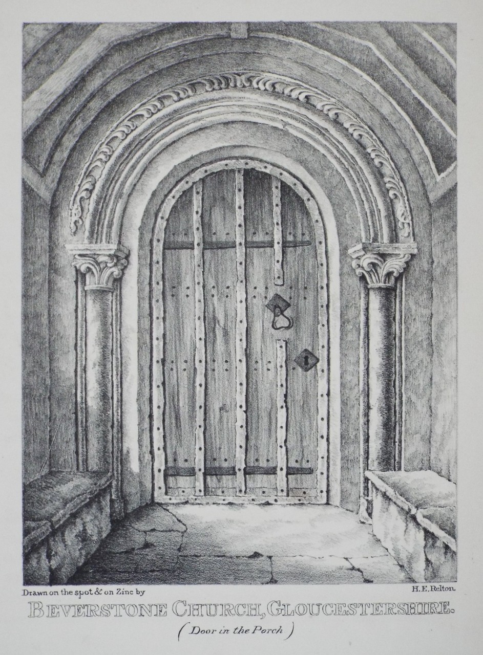 Zinc Lithograph - Beverstone Church, Gloucestershire. (Door in the Porch) - Relton