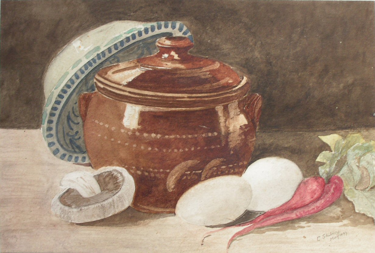 Watercolour - (Still life - pot, eggs mushroom etc)