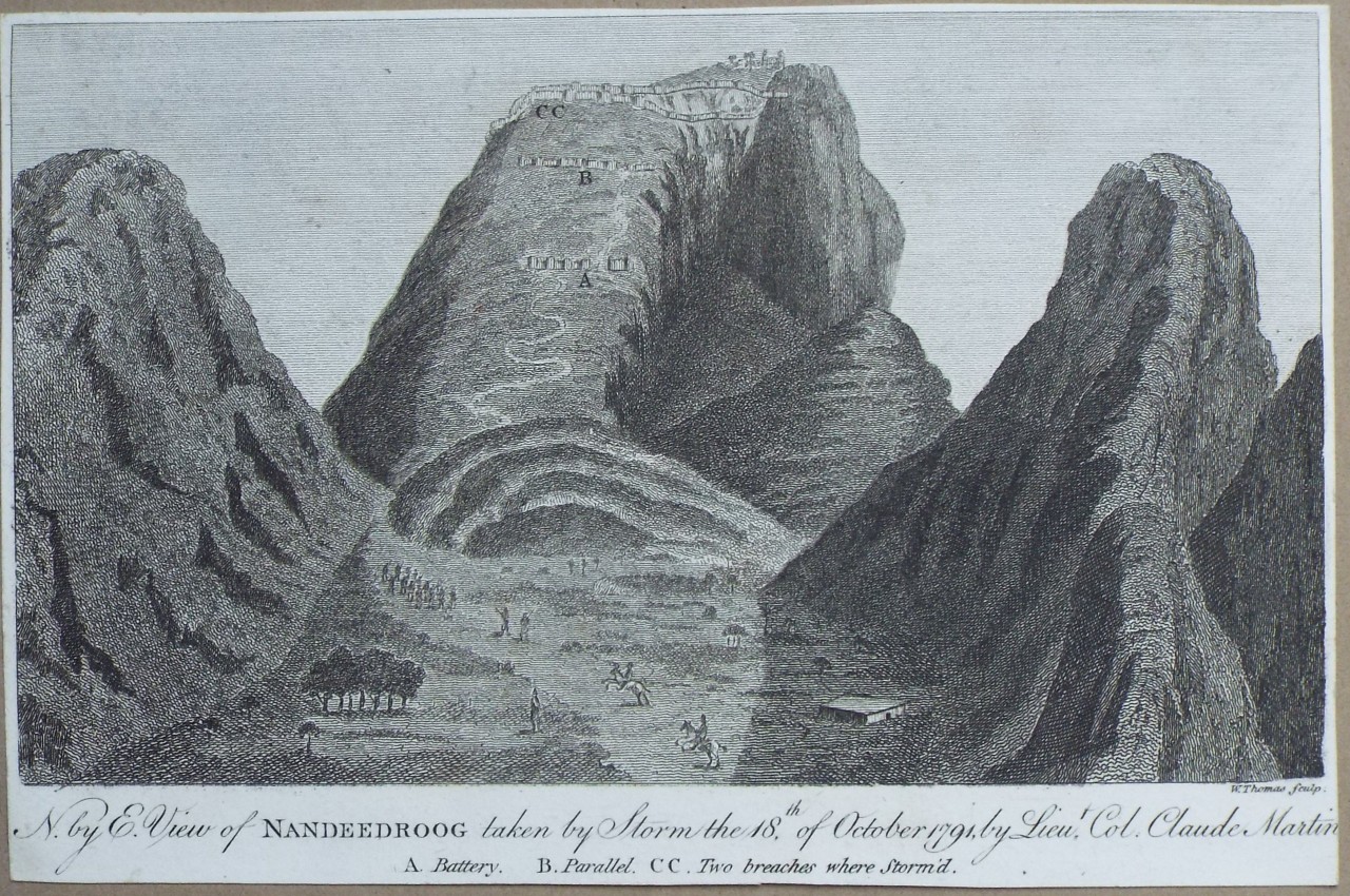Print - N. by E. View of Nandeebroog taken by Storm the 18th of October 1791, by Lieut. Col. Claude Martin. - Thomas
