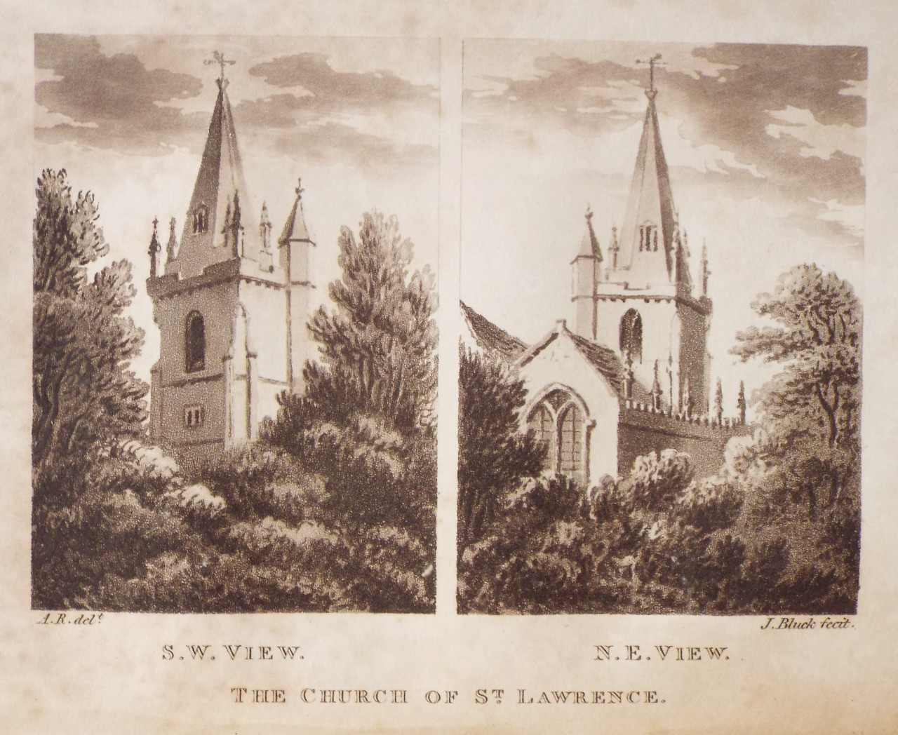 Aquatint - S.W. View. N.E. View. The Church of St. Lawrence. - Bluck