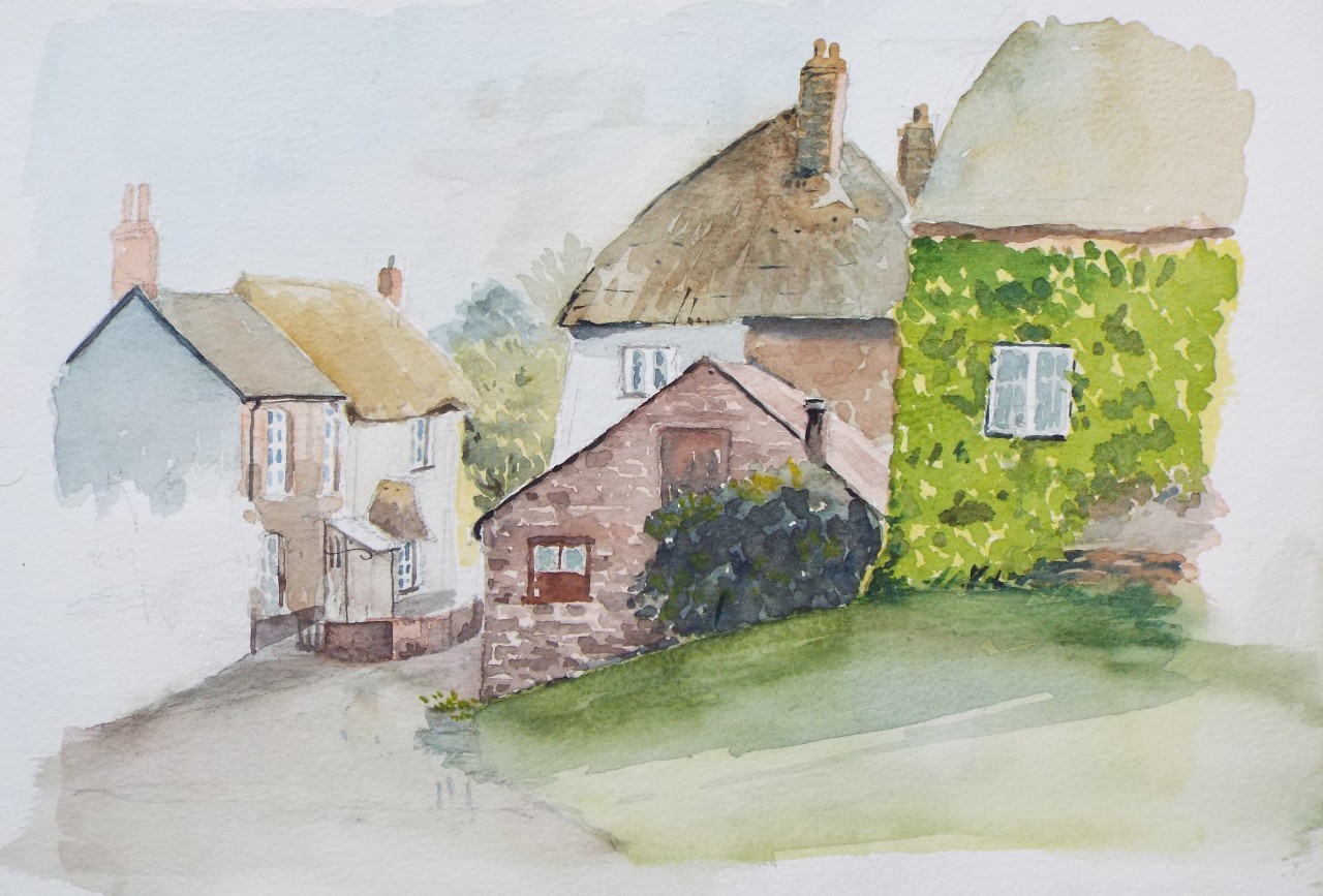 Watercolour - Village street with thatched cottages