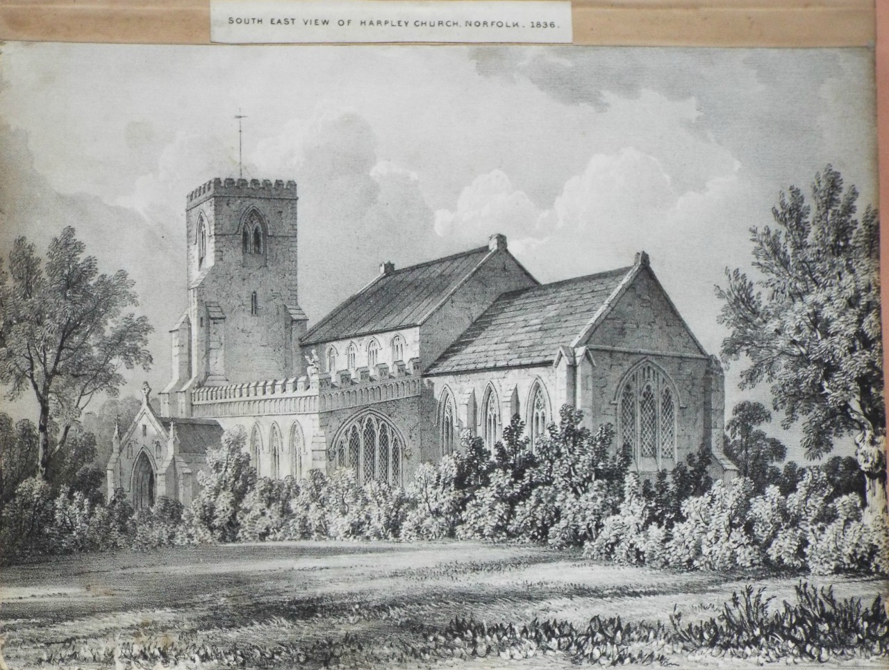 Lithograph - South West View of Harpley Church, Norfolk. 1836.